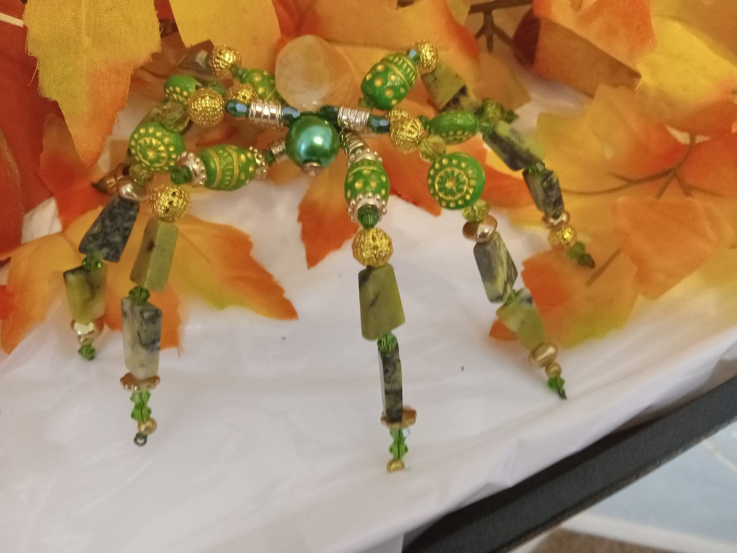 3D Beaded Green/Gold Spider