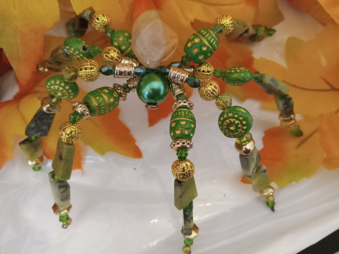 3D Beaded Green/Gold Spider