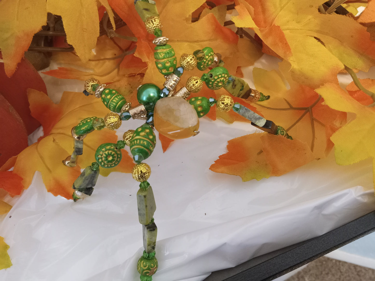 3D Beaded Green/Gold Spider